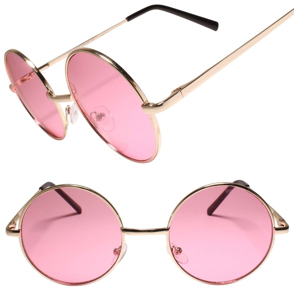 Pink Lens Classic Retro 80s Mens Womens Hippie Lennon Black Round Sunglasses